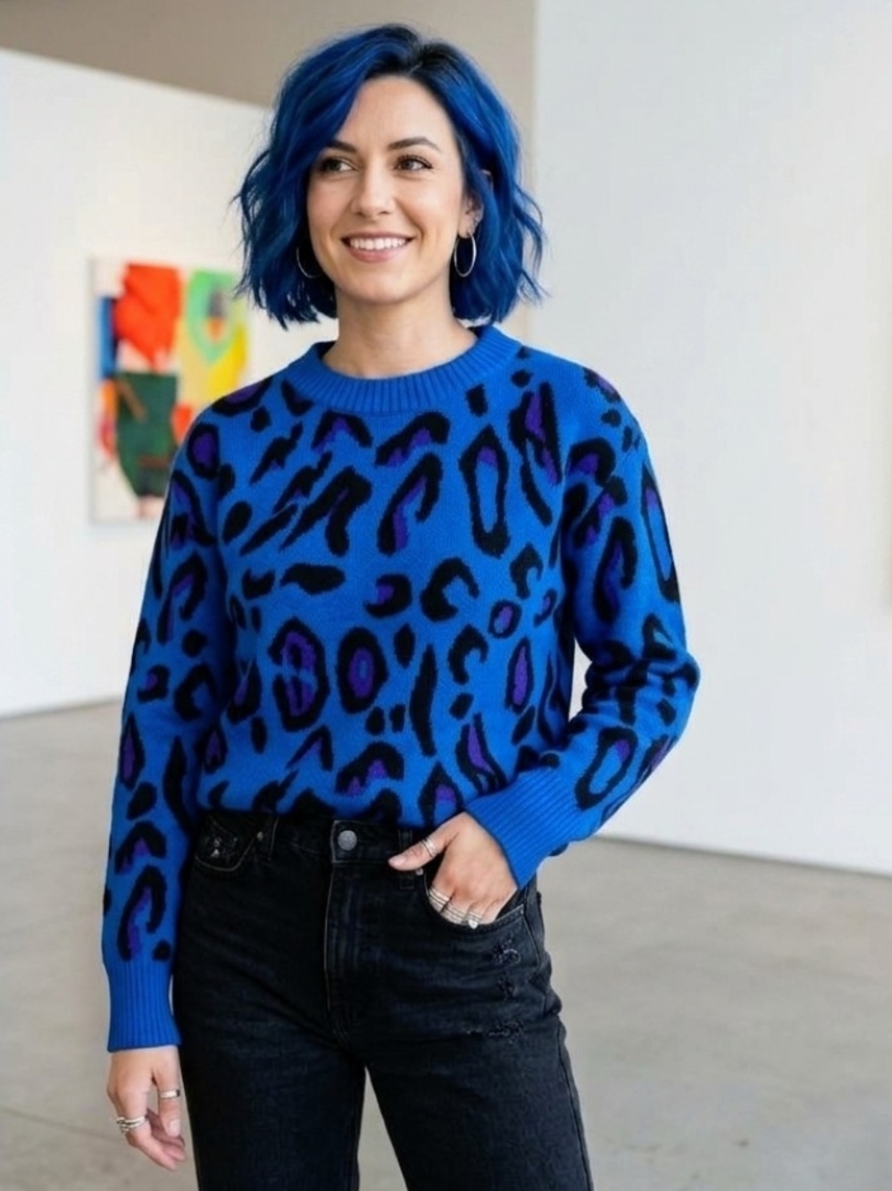 Bright Blue Leopard Print Crewneck Sweater - Women's